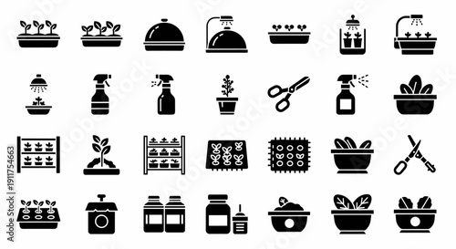Collection of black and white icons representing various gardening tools and activities displayed on a clean white background from a straightforward viewpoint
