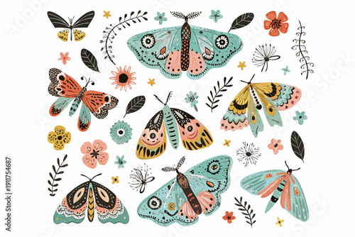 A colorful collection of whimsical illustrated moths and floral elements