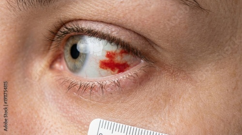 Subconjunctival hemorrhage in human eye with ruler