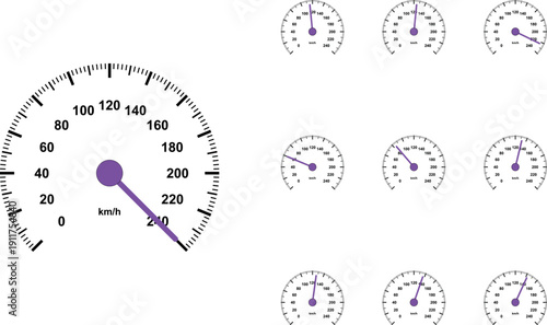 Set of speedometer gauges with purple dials and needles on white background