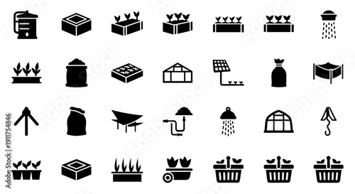 Collection of various warehouse and storage icons in a grid layout, depicting logistics and inventory management, viewed from directly above