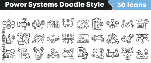 Collection of thirty hand drawn doodle style icons representing various aspects of modern power and utility management systems