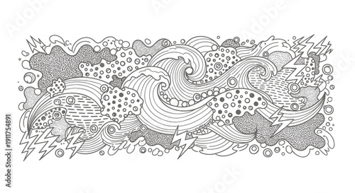 Vector illustration of a stylized wave design with abstract patterns and swirling shapes in black and white