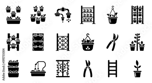 Collection of gardening icons featuring various tools and plants in a grid layout