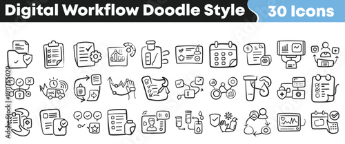 A collection of thirty digital workflow doodle style icons representing medical processes data management and scheduling tasks