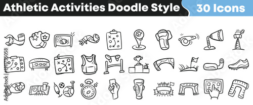 Collection of thirty hand drawn doodle style icons representing various athletic activities sporting equipment and game concepts for design.