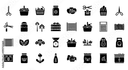 Collection of 30 black icons representing various office and gardening tools on a white background displayed from a straightforward viewpoint