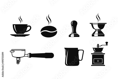 Coffee Barista Tools Icons Set Silhouette Espresso Tamper Grinder Vector