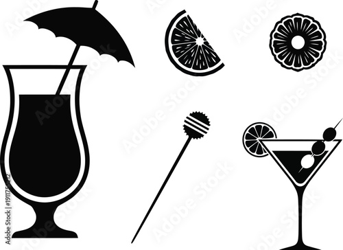 Cocktail Drink Icons Set Silhouette Tropical Martini Garnish Umbrella Lemon Lime Vector