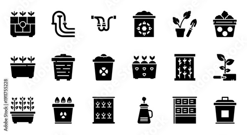 Collection of Various Coffee Makers and Coffee-related Icons in a Grid Layout on a Plain Background from a Direct Viewpoint
