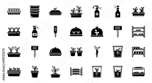 Collection of black icons depicting various gardening tools and accessories on a clean white background, 45.eps reference