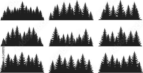 Large set of black pine forest tree silhouettes on a white background for nature landscapes, park decorations, outdoor adventure, and environmental conservation projects.