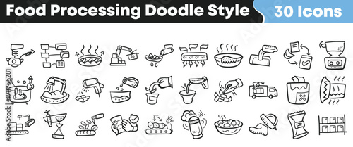 Collection of thirty doodle style icons representing various stages of industrial food processing manufacturing and preparation tasks