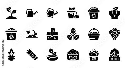 Collection of black icons representing various gardening tools and plants arranged in a grid on a white background, viewed from a straightforward perspective, file reference 49.eps