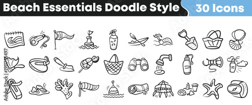 Collection of thirty unique doodle style icons representing various essential items for a fun and relaxing day at the beach or seaside vacation