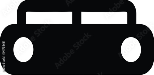 Minimalist black vector car icon with rounded edges and two circular headlights, isolated on transparent background, ideal for UI design or app interfaces.