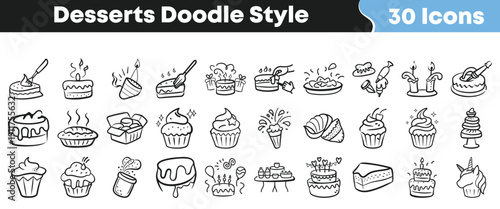 Collection of thirty hand drawn doodle style icons featuring various delicious desserts like cakes cupcakes pies and baking tools
