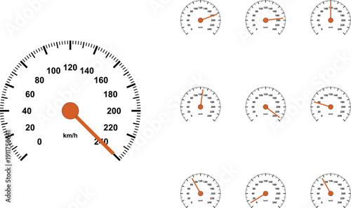 Set of speedometer gauges with orange needles on white background