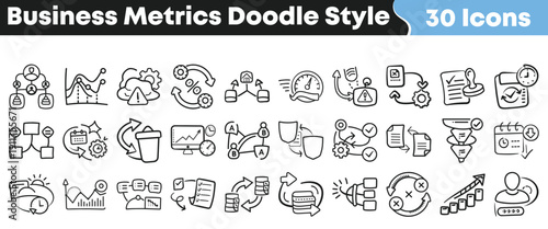 Collection of thirty business metrics icons rendered in a charming hand drawn doodle style perfect for presentations and reports