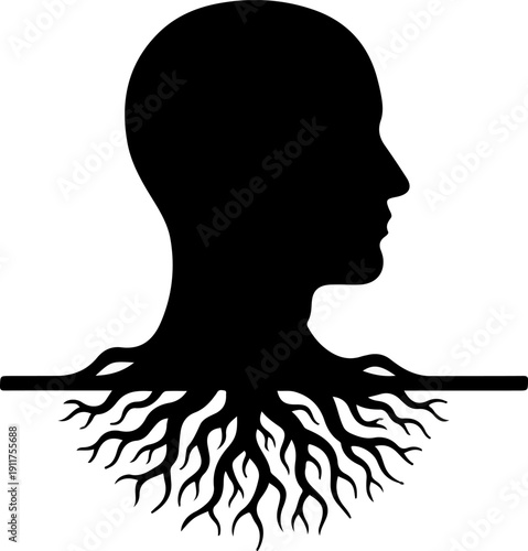 Human Head Silhouette with Tree Roots Growing Down Mental Health Concept