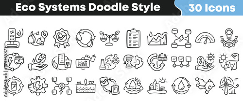 Thirty hand drawn doodle style icons representing various concepts related to sustainable eco systems energy and environmental protection