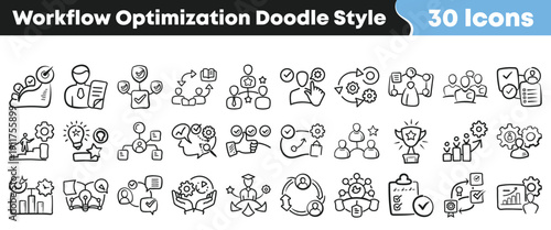 Thirty workflow optimization doodle style icons representing business processes teamwork improvement and successful task completion