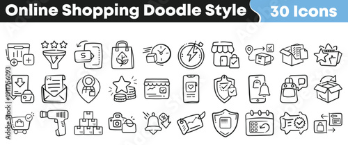 Collection of thirty unique black and white doodle style icons representing various aspects of modern online shopping experiences and digital commerce.