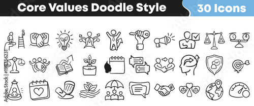 Collection of thirty black and white doodle style icons representing various essential concepts of business core values and principles