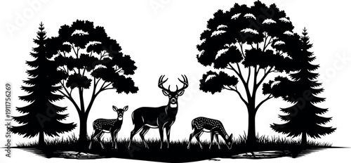 Deer family silhouette in forest landscape, majestic buck with doe and fawn among pine trees for nature and hunting designs