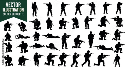 Collection of military soldier silhouettes in various combat poses, infantry army personnel with rifles, tactical sniper and commando vector illustration set