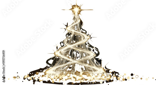 Luxury golden Christmas tree illustration, sparkling abstract holiday decoration with glowing star and light swirl, elegant festive vector artwork isolated on white background