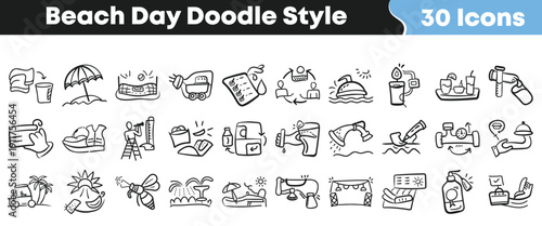 Collection of thirty hand drawn black and white doodle style icons representing various activities and objects associated with a fun day at the beach.