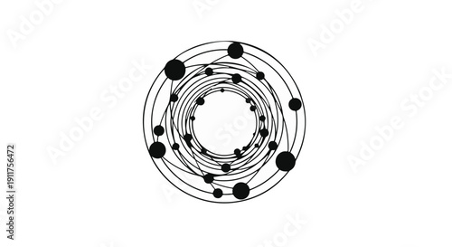 Modern abstract atomic orbital molecular structure diagram with concentric circles and dots on white background for science education and chemistry concept