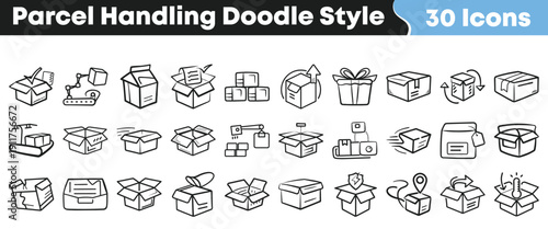 Thirty hand drawn doodle style icons illustrating various aspects of parcel handling shipping receiving and packaging logistics processes