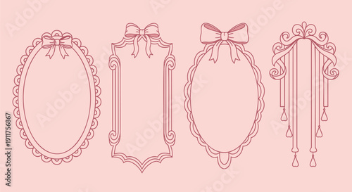 Set of pink vector ornate frames with bows and decorative borders isolated on transparent background