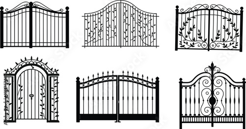 Elegant wrought iron gates collection featuring ornate scrollwork, decorative finials, and intricate architectural designs for exterior entrances, fences, and garden landscapes