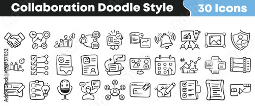 Collection of thirty collaboration doodle style icons depicting teamwork meeting scheduling planning communication and business tasks