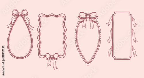 Four pink vector frames with bows and ribbons on a light pink background