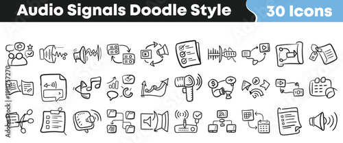 Thirty hand drawn audio signals icons depicting various communication data flow and sound wave concepts in a doodle style