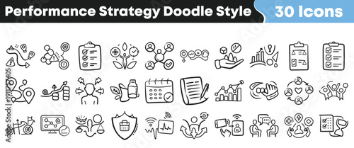 Collection of thirty hand drawn doodle style icons representing various concepts related to business performance strategy planning and execution elements