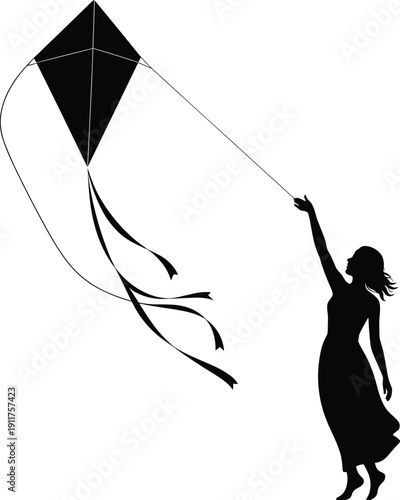 Kite flying silhouette illustration, leisure activity artwork, outdoor play vector design, childhood recreation symbol pack, black and white graphic collection