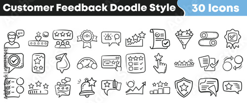 Thirty unique customer feedback doodle style icons representing ratings reviews quality satisfaction survey results and service analysis