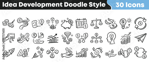 Collection of thirty hand drawn doodle style icons representing crucial concepts related to idea development and financial planning strategies