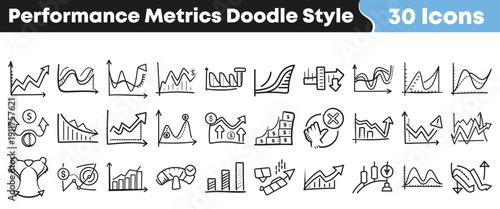 Thirty hand drawn doodle style icons representing various performance metrics data visualization charts and financial analysis concepts