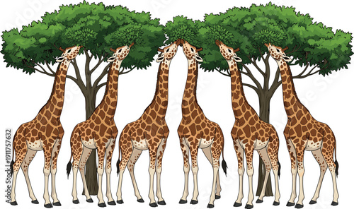Giraffe herd illustration featuring African wildlife animals eating leaves from tall trees in savanna landscape, colorful detailed vector art style