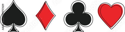 Minimalist playing card suit icons with black spade, red diamond, black club, and red heart on white background for gambling and casino concepts.