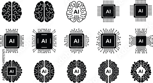 Artificial Intelligence Icon Set Featuring AI Processor Chips and Digital Brain Circuits for Machine Learning Technology Neural Networks Data Science and Future Computing Graphics