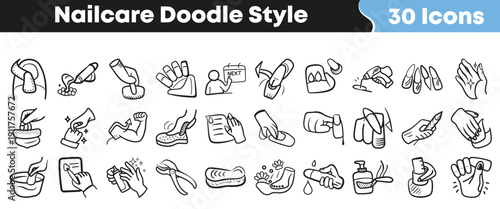 Collection of thirty hand drawn doodle style icons representing various aspects of detailed nail care procedures and beauty treatments