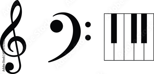 Music symbols illustration, treble clef bass clef and piano keyboard icons, simple black musical notation elements, educational vector graphic isolated on white background