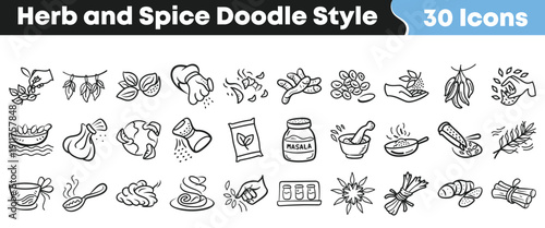 Thirty unique hand drawn herb and spice icons presented in a clean doodle style perfect for culinary design projects